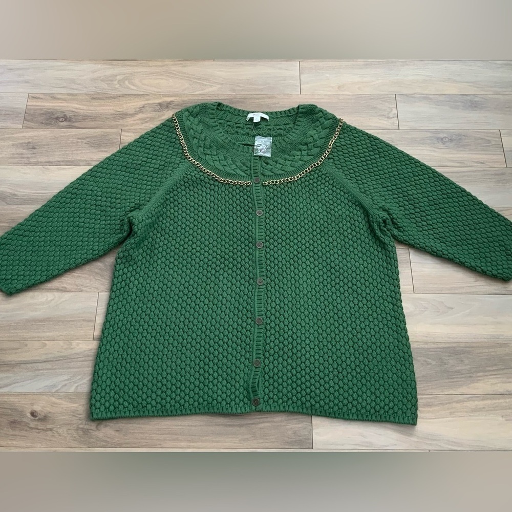 Liz Claiborne Cardigan Green Sweater Chain Accent